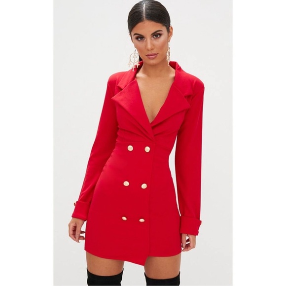 PrettyLittleThing Dresses & Skirts - Pretty Little Thing Red Double-Breasted Long Sleeve Blazer Dress w/ Gold Buttons